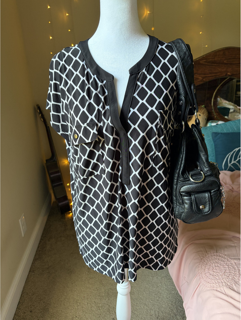 Top from INC International Concepts in a black and white diamond geometric print